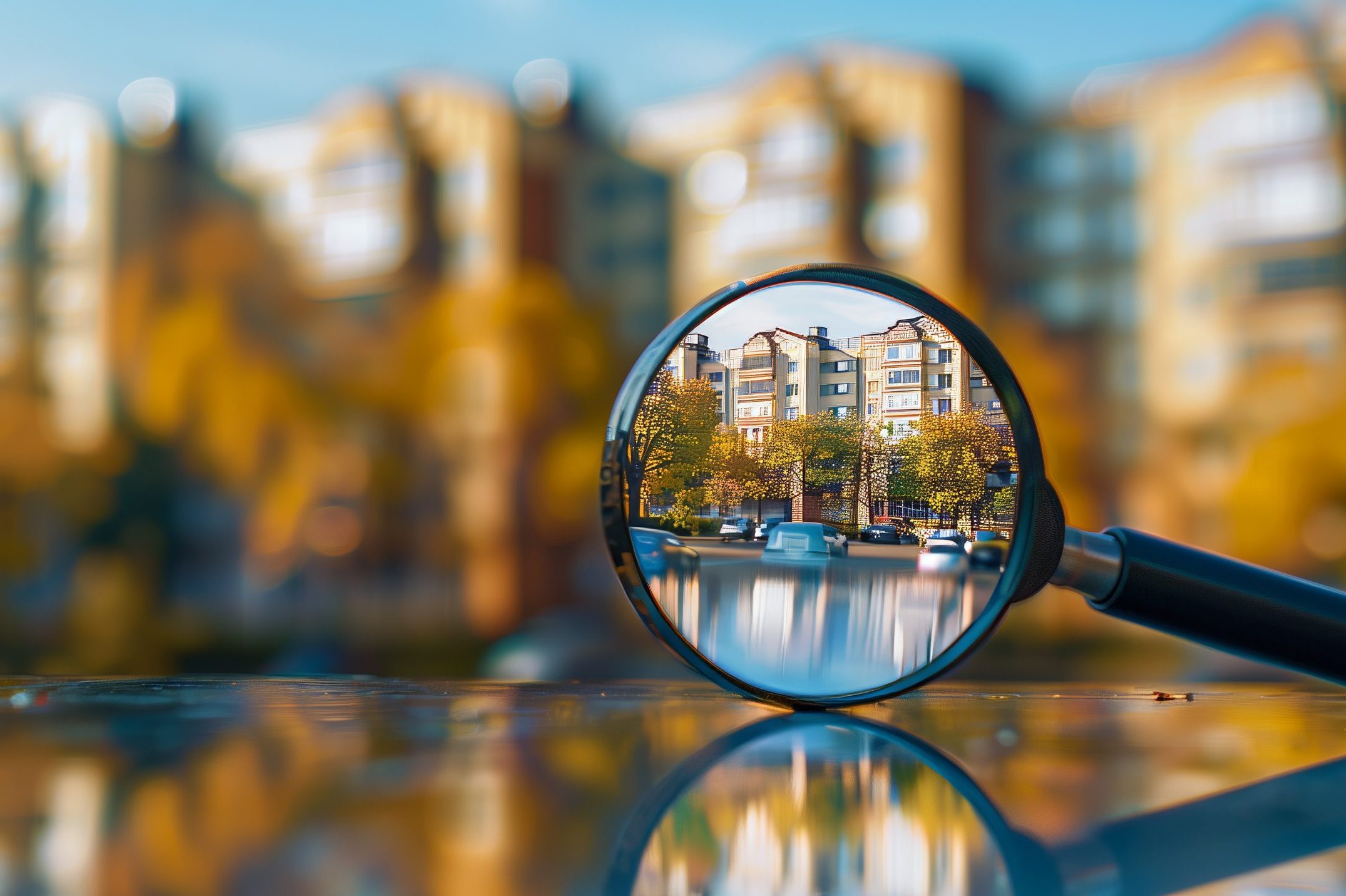 A magnifying glass with a picture of a city in it. Housing search concept